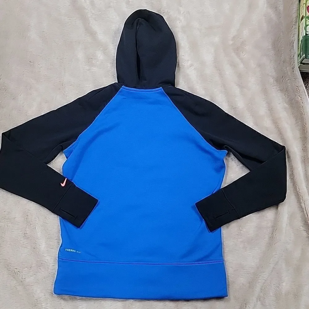NIKE THERMA-FIT ROYAL BLUE AND BLACK HOODIE, SIZE MEDIUM